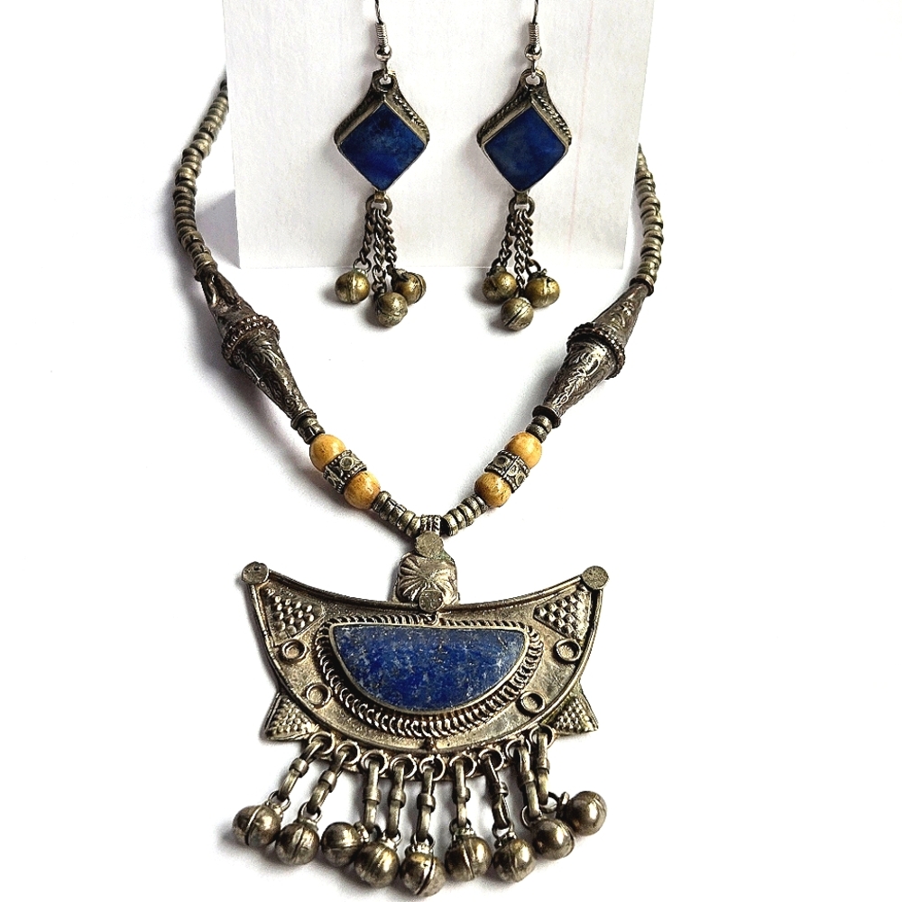 Vintage Handcrafted Lapis Lazuli Tribal Ghungroo Necklace & Earrings - Picture 2 of 15